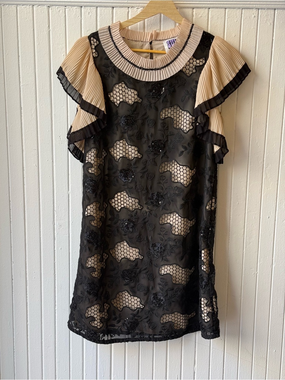 Anna Sui Black Lace Overlay Mini Dress with Cream Pleated Sleeves